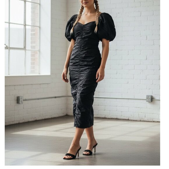 RHODE Dresses & Skirts - NEW RHODE TESSA RUCHED BLACK POPLIN MIDI DRESS SIZE 4